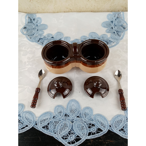 Vintage Brown & Tan Glazed Ceramic Double Condiment Dish w/ Lids & Spoons Taiwan - Picture 3 of 8